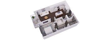 A 3D floor plan of a small apartment with a kitchen, living room, and bathroom.