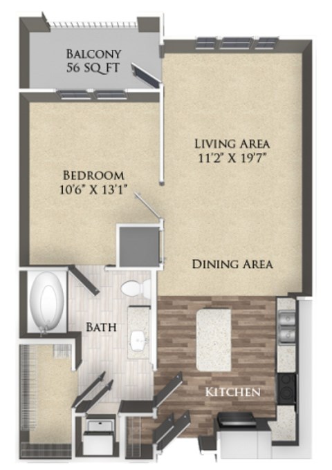 A floor plan of an apartment with a balcony, bedroom, living area, dining area, bath, and kitchen.