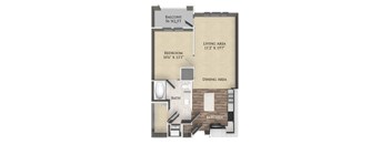A floor plan of a one bedroom apartment with a balcony.