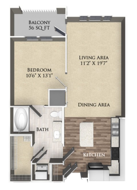 A floor plan of a one bedroom apartment with a balcony.