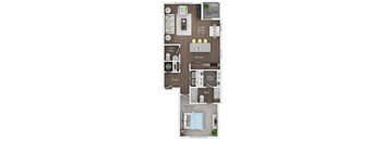 A floor plan of a small apartment with a living room, kitchen, bathroom, and bedroom.
