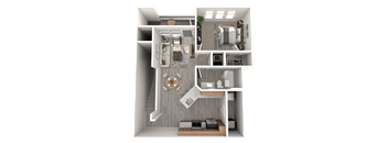 A 3D rendered image of a small apartment layout.
