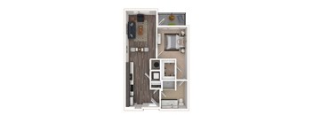 A top-down view of a small apartment with a kitchen, living room, and bedroom.