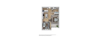 A floor plan of a small apartment with a kitchen, living room, and bathroom.