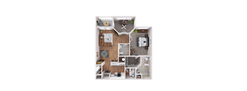 A detailed 3D floor plan of a small apartment with a kitchen, living room, and bedroom.