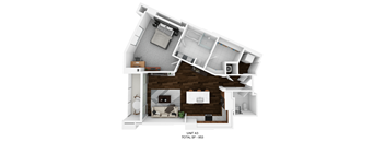 a stylized floor plan with a bedroom and a bathroom