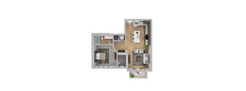 A top down view of a small apartment with a kitchen, living room, and bathroom.