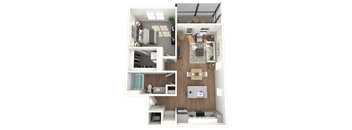A 3D floor plan of a house showing a living room, kitchen, and two bedrooms.