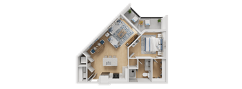 A 3D floor plan of a house with a kitchen, living room, and bathroom.