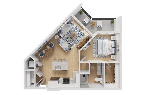 A 3D floor plan of a house with a kitchen, living room, and bathroom.