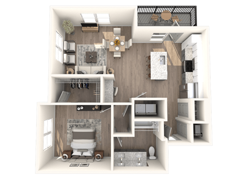 A 3D floor plan of a house showing a kitchen, living room, and bathroom.
