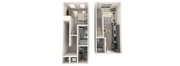 a stylized floor plan with a bedroom and a bathroom