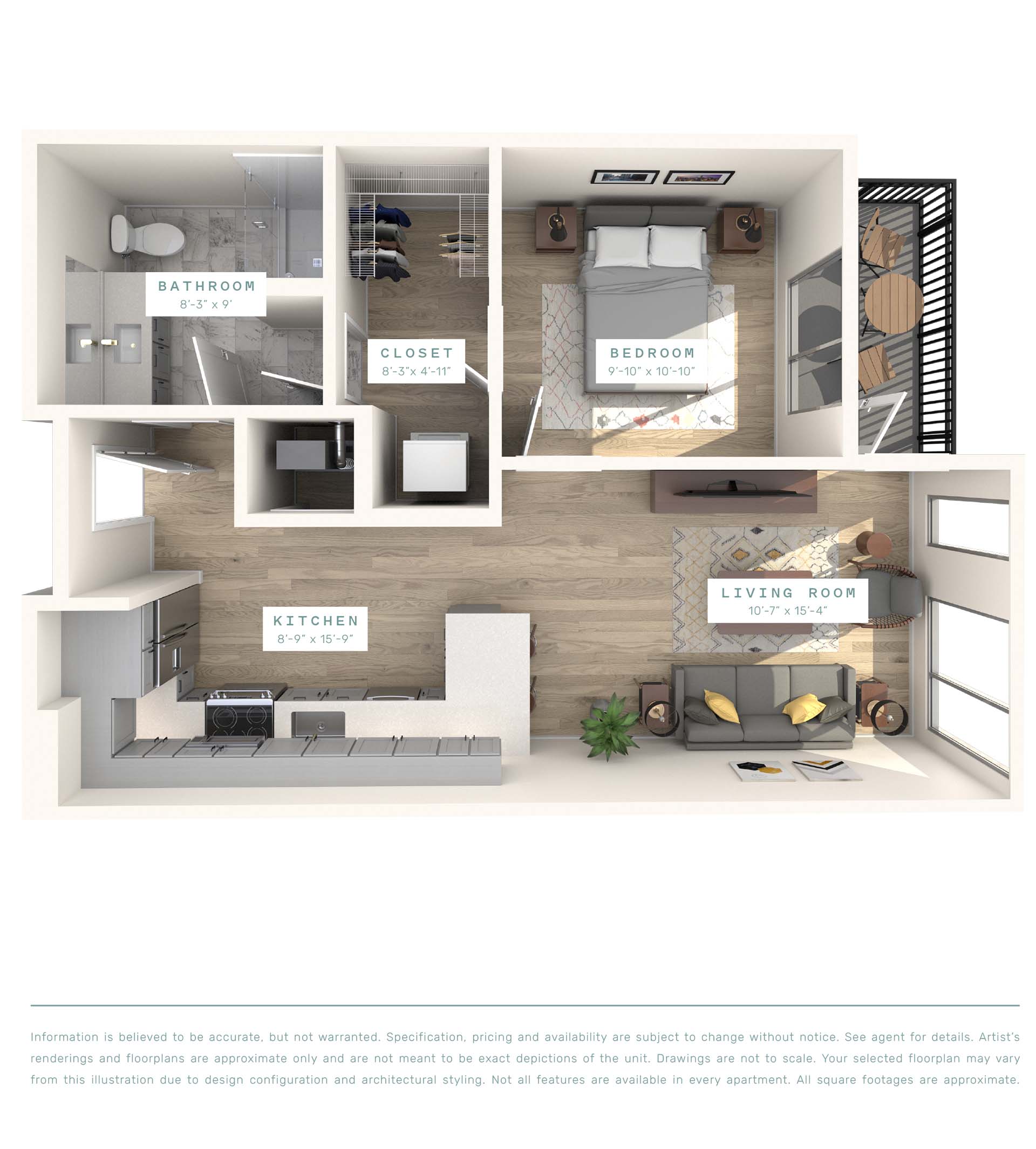 A floor plan of an apartment with a living room, kitchen, bathroom, and bedroom.