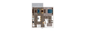 A floor plan of a small apartment layout with a living room, dining room, kitchen, and bathroom.