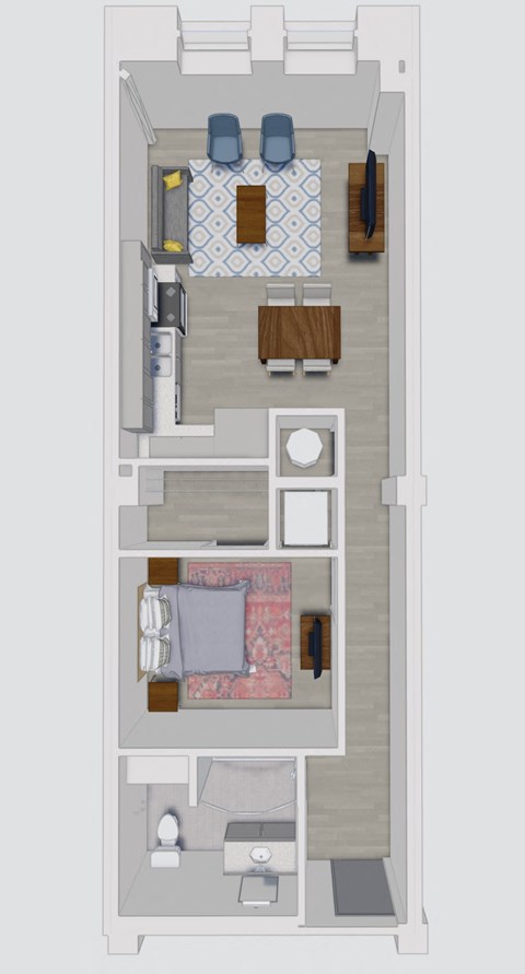 a floor plan of a room with a bed and a bathroom