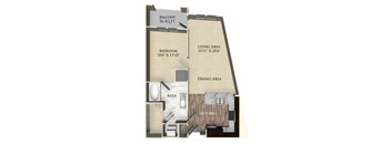 A floor plan of an apartment with a balcony, bedroom, living area, dining area, bathroom, and kitchen.