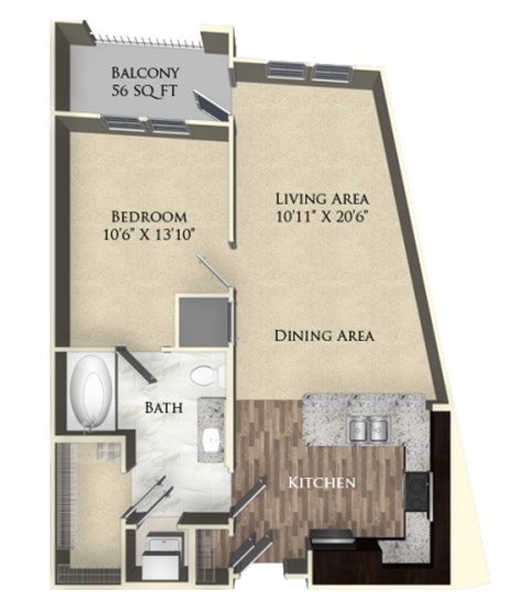 A floor plan of an apartment with a balcony, bedroom, living area, dining area, bathroom, and kitchen.