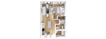 A modern, white and wood kitchen and living room.