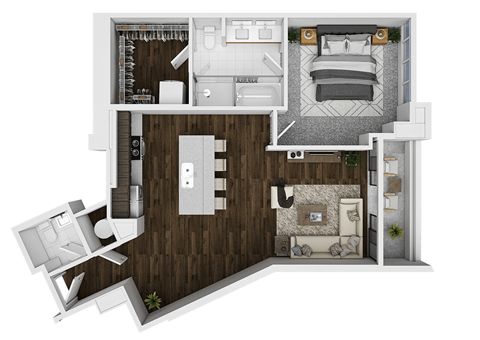 a 3d floor plan of a home with a bedroom and a living room
