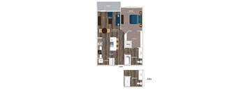 A floor plan of an apartment with a living room, dining room, kitchen, and bathroom.
