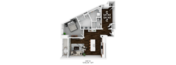 a stylized floor plan with a bedroom and a living room