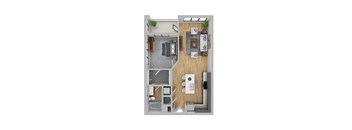 A top-down view of a modern apartment layout with a kitchen, living room, and bathroom.