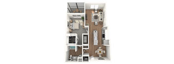 A 3D rendered image of a house layout.