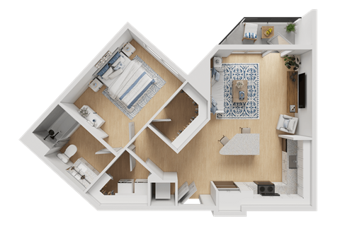 A 3D floor plan of a house showing a kitchen, living room, and bathroom.