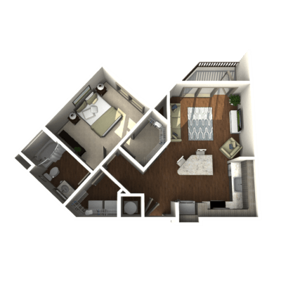 a 3d floor plan of a room with a bedroom and a bathroom