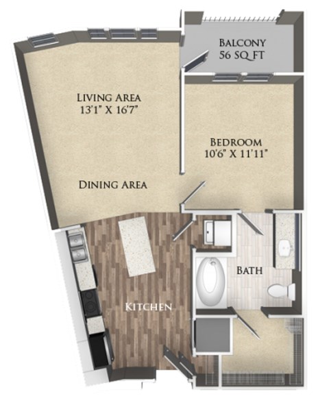 A floor plan of a balcony sized 56 square feet, a living area of 131 by 167 square feet, a dining area, a bedroom of 106 by 111