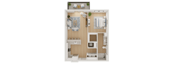 A top-down view of a small apartment with a kitchen, living room, and bathroom.
