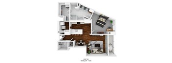 A floor plan of a small apartment with a living room, kitchen, and two bedrooms.