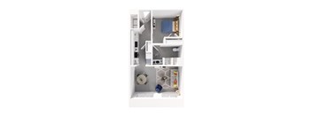 A top down view of a small apartment with a kitchen, living room, and bathroom.