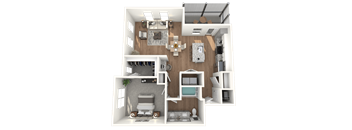 A 3D floor plan of a house with a kitchen, living room, and bathroom.
