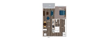 A floor plan of a room with a bed, a couch, a dining table, and a kitchen area.