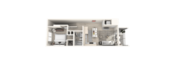 A 3D rendered image of a modern apartment layout.