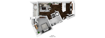 a stylized floor plan of a bedroom with a bathroom and a living room