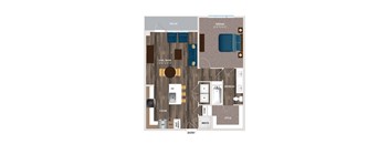 A floor plan of a small apartment with a living room, kitchen, and bedroom.