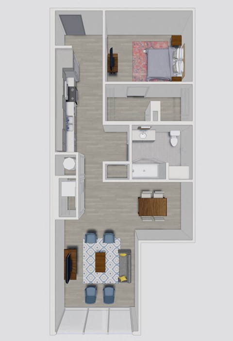 a stylized floor plan of a bedroom apartment