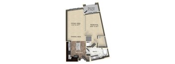 A floor plan of a 51 square foot balcony with a living area, dining area, kitchen, and bath.