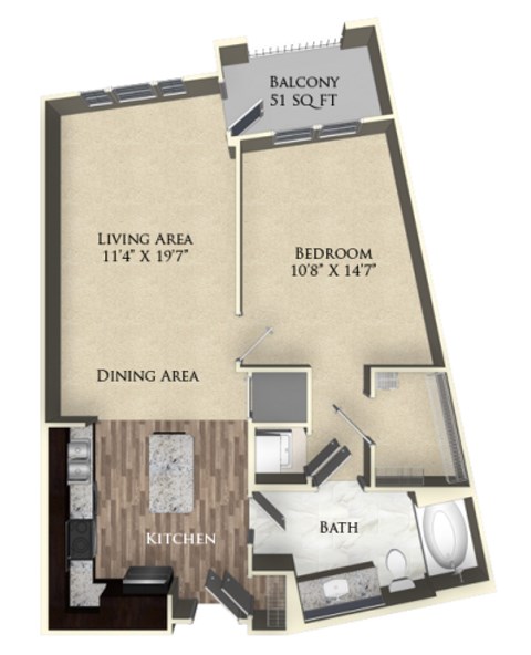 A floor plan of a 51 square foot balcony with a living area, dining area, kitchen, and bath.
