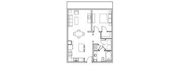 A floor plan of a house with a kitchen, living room, and bathroom.