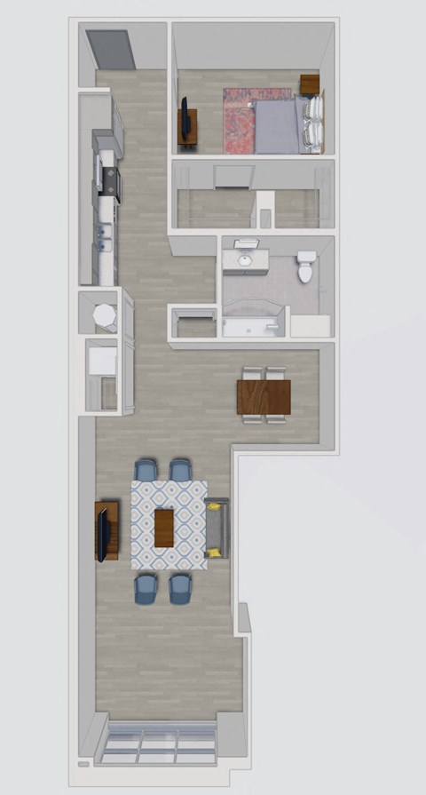 a floor plan of a room with a bed and a bathroom