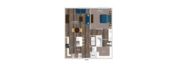 A floor plan of a living space with a kitchen, dining area, and a bedroom.