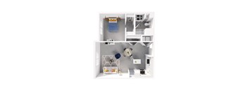 A white kitchen with a blue chair and a white fridge.