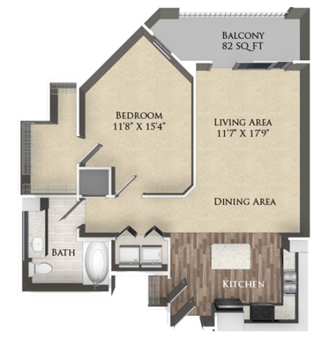 A floor plan of a home with a balcony, bedroom, living area, dining area, bathroom, and kitchen.