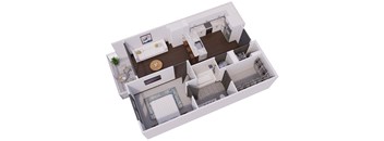 A 3D floor plan of a small apartment with a living room, kitchen, and bathroom.