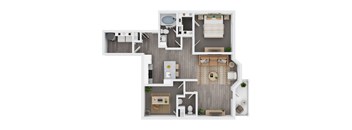 A top-down view of a house layout with a kitchen, living room, dining area, and bedrooms.