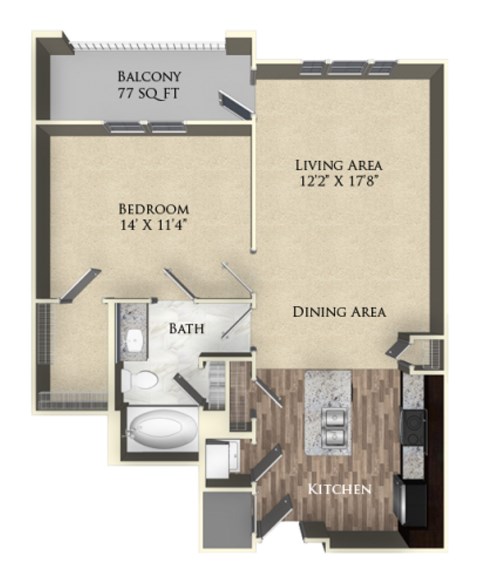 A floor plan of a one bedroom apartment with a balcony.