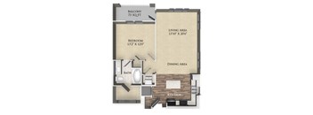 A floor plan of a 73 sq ft balcony with a bedroom, bathroom, kitchen, dining area, and living area.